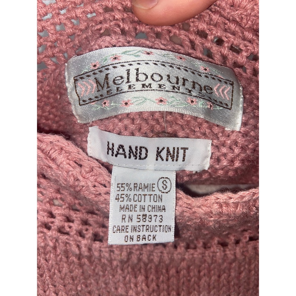 Melbourne Elements Hand Knit Floral Sweater Pink Crochet Trim Ramie Cotton Small - Picture 6 of 6